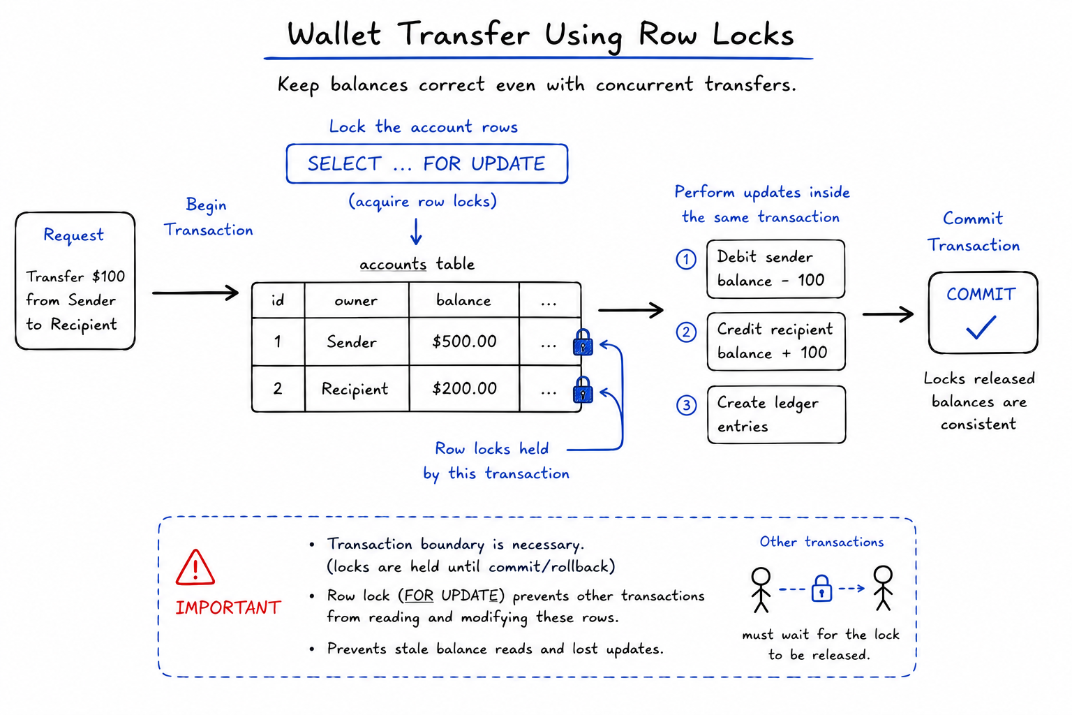 Wallet transfer row locks